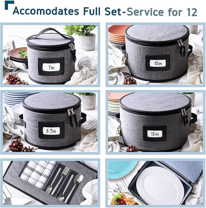 Fine China Hard Shell Dish & Utensil Storage Containers - 6 Piece Stackable Plate Storage with Dividers for Moving & Seasonal Use