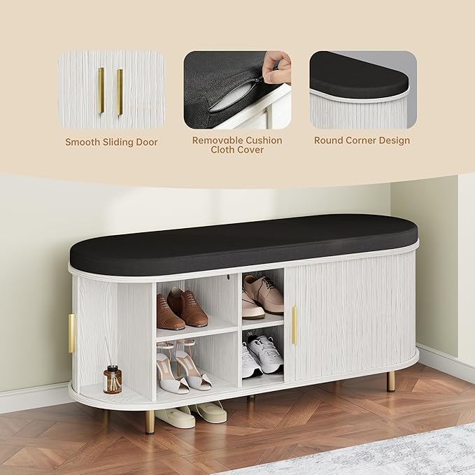 DHH 2-Tier Storage Bench, 43.3" Wide Shoe Bench with Thickened Padded Seat Cushion, Mid Century Modern Fluted Sliding Door and Adjustable Shelf, for Entryway, Living Room, Bedroom(White)