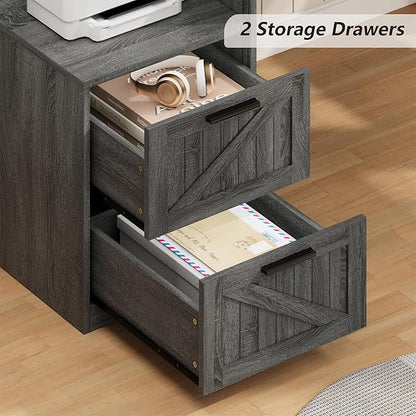 63" Farmhouse L Shaped Executive Desk with Drawers & Storage Shelf, Corner Computer Desk with Power Outlets, L Shaped Office Desk with Monitor Stand, Printer Shelf, Dark Gray