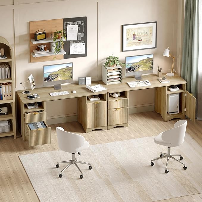 Bestier Computer Desk with 2 Drawer, 59 inch Office Desk with Storage Cabinet & 2 Open Storage, Fluted Executive Desk for Home Office & Studio, Brown Oak