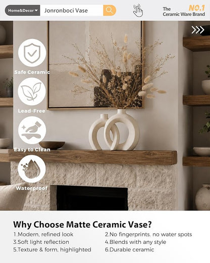 Interlocked Decorative Vase Set of 2 | Matte Sand-Textured Ceramic Vases for Modern Japandi & Boho Home Decor, Standalone or with Flowers for Mantel, Shelf, Entryway Console Table (Matte Cream White)
