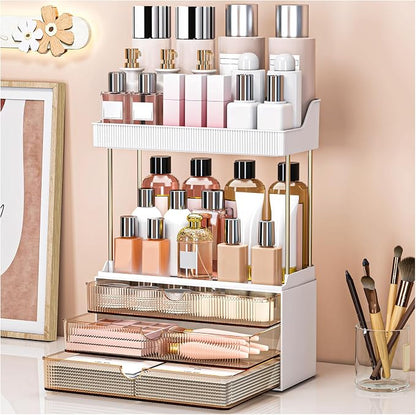 caktraie 2 Pack Bathroom Organizers and Storage - 3 Drawers 2 Tier Makeup Organizer, Cosmetic Storage Drawer for Dresser Countertop and Bathroom Vanity for Large Skincare, Perfume, Amber