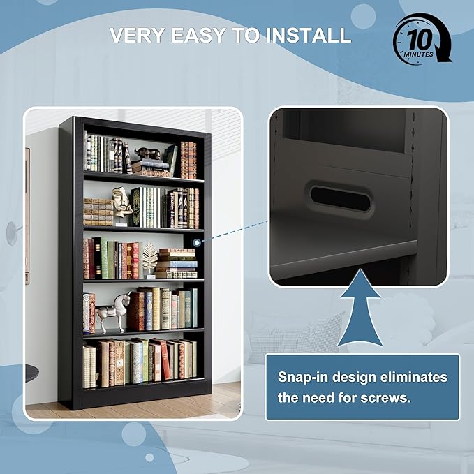 Metal Bookshelf, 5 Tier Black Bookcase with Adjustable Storage Shelves, 69" Tall Book Shelf for Home Office, Bedroom, Library, Living Room, Easy to Assemble