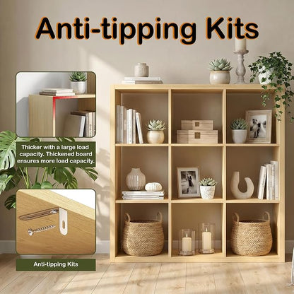 WannabeMyself【2026 Wooden Thick Frame】 9 Cube Storage Organizer with Anti-Tipping Kits, Reversible Open Back Book Shelf,Bookcase for Living Room,Bedroom,Entrance Hall,Office,11.6×36.3×36.3,Oak Color