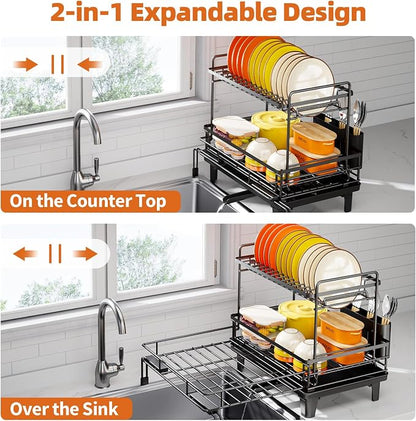 Urackify Dish Drying Rack - Large Dish Racks for Kitchen Counter, Extendable Sink Dish Drainer, Rustproof Dish Strainer with Utensil Holder, 2 Tier Black