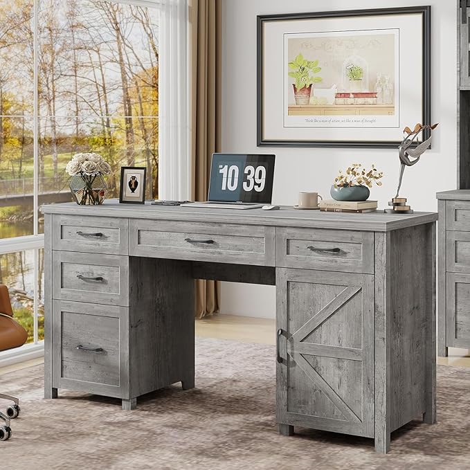 Vabches Farmhouse 61'' Executive Desk with 5 Drawers, Rustic Office Desk Computer Desk with Charging Station, File Drawers and Storage Cabinet, Wood Workstation for Home Office and Study,Grey.