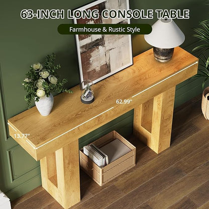 FURSUN 63 Inch Long Console Table with Storage, Narrow Wooden Sofa Table Behind Couch, Farmhouse Entryway Hallway Table for Living Room, Natural Oak