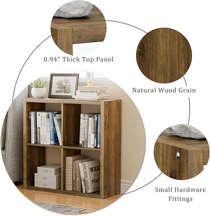 Cube Storage Organizer Bookcase, Decorative 11 inch Open Back Cubical Shelf with Thickened Border, Display Bookshelf for Living Room, Home Office, Sturdy Room (Brown, 4 Cube)