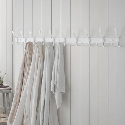 Dseap Coat Rack Wall Mount - 38” Long 10-Tri-Hooks Heavy Duty Coat Hanger Rail Wall Hooks for Hanging Coats Hats Clothing Clothes Purse Mudroom Entryway, White, Pack of 2
