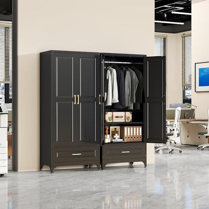 SteeLoong 71" Metal Armoire Wardrobe Closet with Drawer,Tall Clothing Storage Cabinet with Adjustable Shelves and Hanging Rod,Black Wardrobe Closet for Bedroom,Home,Office,Gym