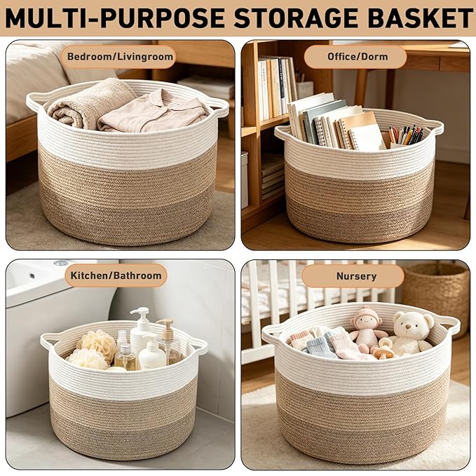 65L Large Blanket Basket,Woven Rope Laundry Basket Hamper with Handles,Decorative Nursery Basket Storage Bin for Toys, Pillows, Clothes Organizer, Living Room, Bedroom, Bathroom, Brown