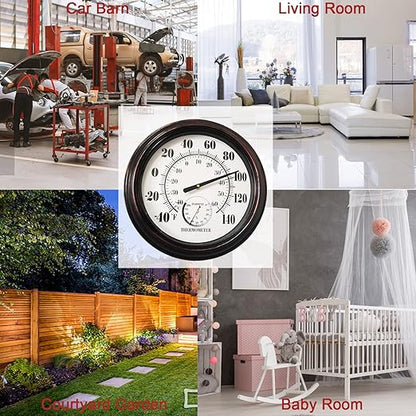 Indoor Outdoor Thermometer Large 12 Inch Wall Thermometer-Hygrometer Waterproof Does not Require Battery