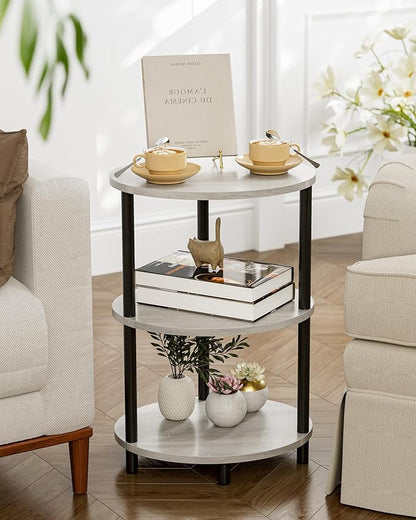 Small Round Side Table - 3-Tier Oval Accent Table for Small Spaces, Rustic Wood and Metal Couch End Table, Nightstand for Bedroom or End Table Living Room, Easy to Assemble, Greige