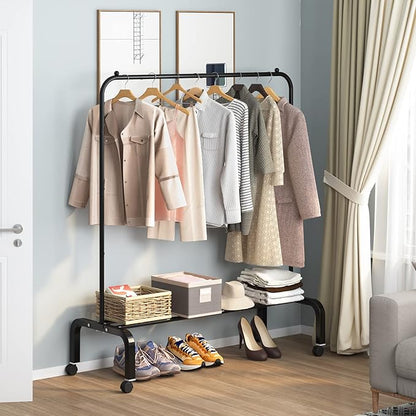 Rolling Clothes Rack Metal Clothing Rack with Wheels Garment Rack with Bottom Shelf for Hanging Clothes Shirts Jeans and Coats Black