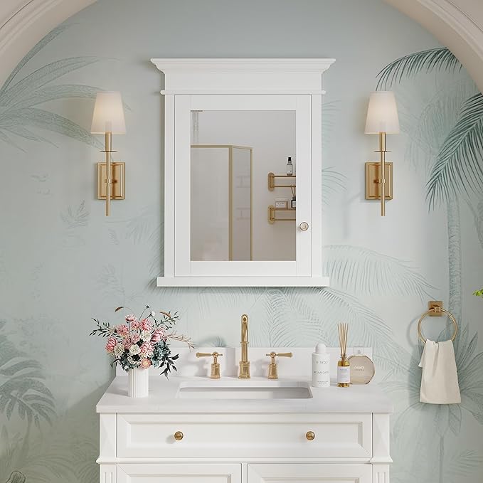 WELLFOR 26"x 32" Bathroom Medicine Cabinet with 3-Tier Adjustable Glass Shelves, Recessed Solid Wood Medicine Cabinet with Mirrors and Soft-Close Door