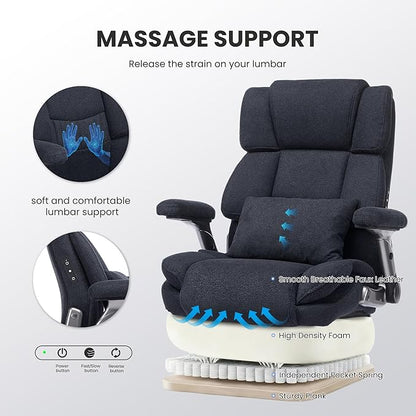 750lbs Heavy Duty Desk Chair with 3D Kneading Massage, Big and Tall Office Chairs with Ergonomic Support, 4D Armrests, 5 Quiet Dual Rubber Wheel, Thick Spring Cushion(Black-Fabric)