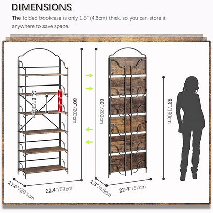 4NM No Assembly Folding Bookshelf for Living Room, 6 Tiers Collapsible Book Shelves Open Industrial Foldable Bookcase Storage Shelf for Home Office - Rustic Brown Black
