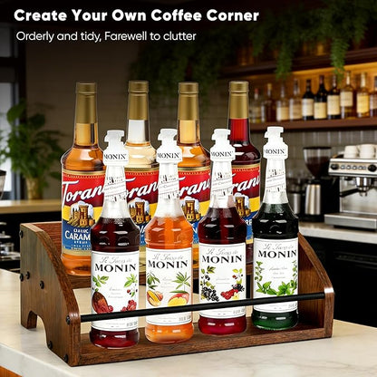 Rustic Wooden Countertop Organizer | Liquor Cabinet, Coffee Syrup Rack, Mini Bar, Home Retro Bar Shelf Stand, 2-Tier