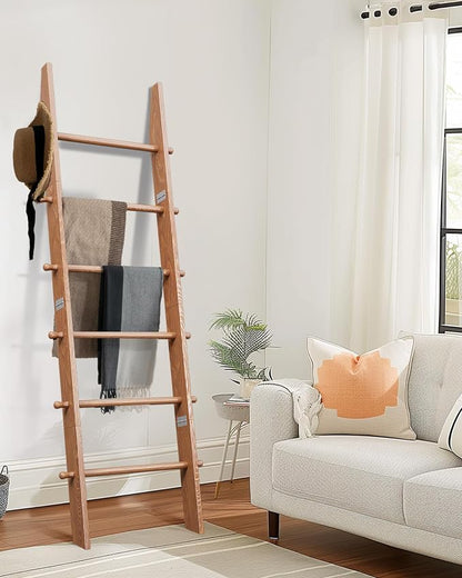 TEAKMAMA 6-Tier Blanket Ladder with Hanging Knobs,5.5 Ft Wall Leaning Blanket Ladders for Living Room Bedroom,Rustic Decorative Storage for Quilts,Throws,Easy to Assemble,Honey Brown