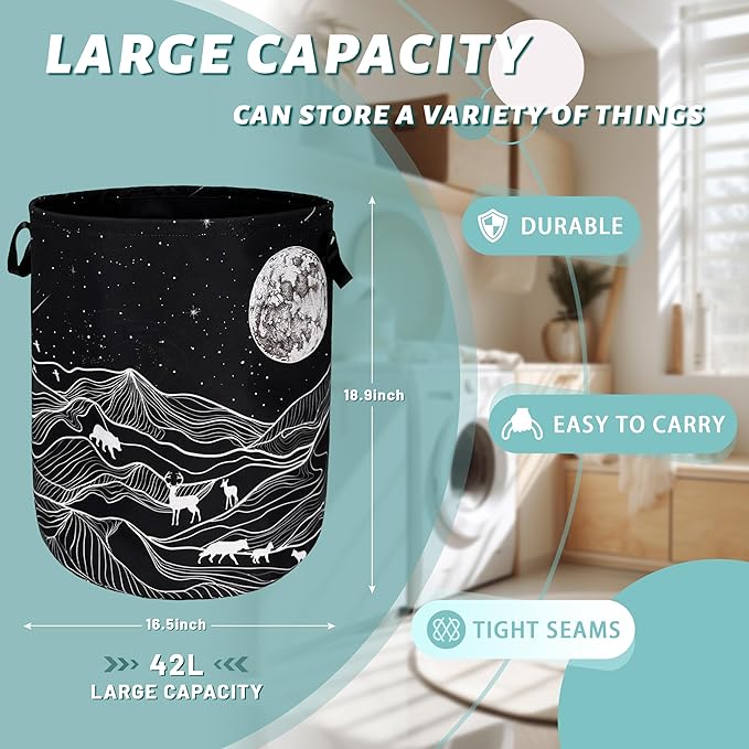 Mountain Laundry Basket Foldable With Handles Deer Bear Moon Tote Bag Oxford Cloth Funny Laundry Hamper Clothes Storage Bucket Toy Organizer For Bathroom/Laundry/Bedroom 18.9" x 16.5 "