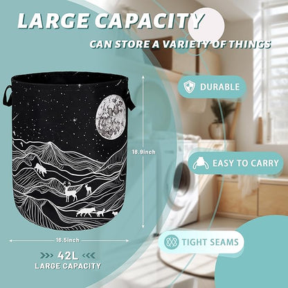 Mountain Laundry Basket Foldable With Handles Deer Bear Moon Tote Bag Oxford Cloth Funny Laundry Hamper Clothes Storage Bucket Toy Organizer For Bathroom/Laundry/Bedroom 18.9" x 16.5 "