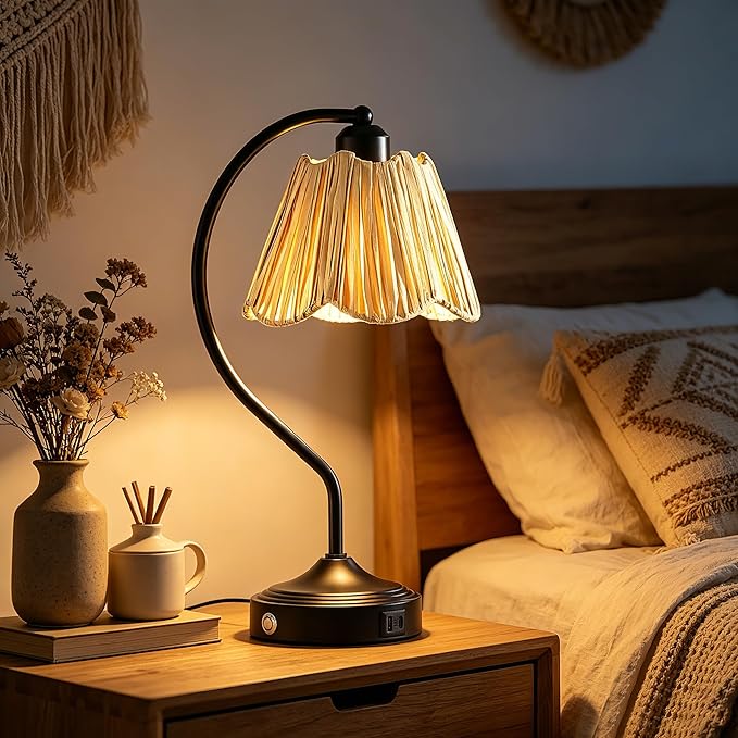 Set of 2 Vintage Small Touch Table Lamps with USB A+C Ports | 3-Way Dimmable Bedside Lamp, Retro Rattan Shade Curved Arm Desk Lamp for Bedroom Living Room Nightstand, Bulb Included