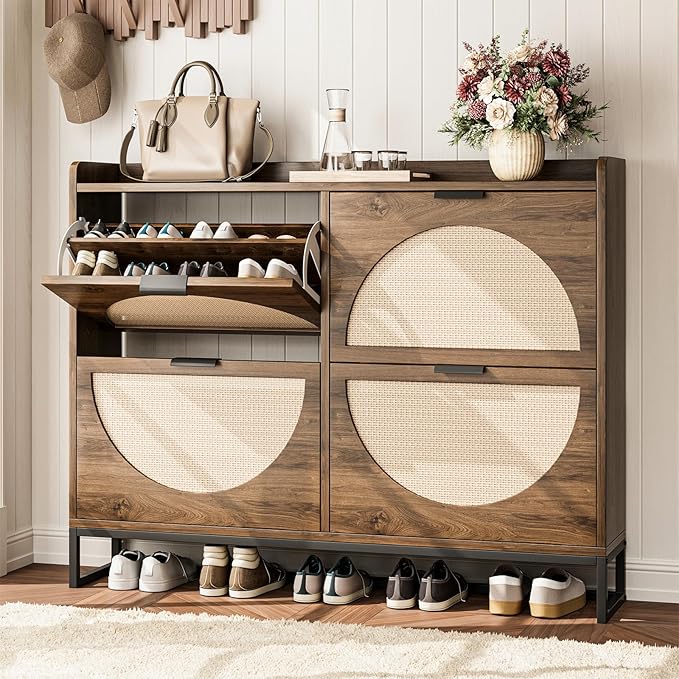 Shoe Storage Cabinet for Entryway Wooden Rattan Shoe Cabinet with 4 Flip Drawers Long Hidden Shoes Cabinet Storage with Metal Legs Narrow Shoe Rack Cabinet Shoes Organizer Cabinet for Hallway Oak