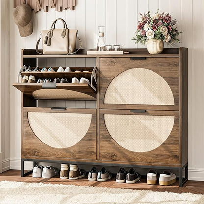 Shoe Storage Cabinet for Entryway Wooden Rattan Shoe Cabinet with 4 Flip Drawers Long Hidden Shoes Cabinet Storage with Metal Legs Narrow Shoe Rack Cabinet Shoes Organizer Cabinet for Hallway Oak