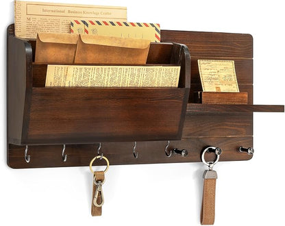 Rebee Vision Pine Wood Key Holder Wall Mount for Home Decor - Vintage Mail Holder Wall Mounted with Floating Shelf & Hooks - Rustic Mail Organizer for Apartment, Living Room, Entryway (Dark Brown)