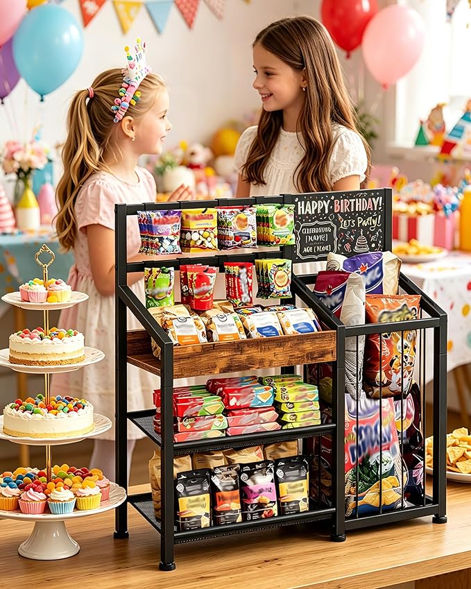 CHOEZON Snack Organizer for Countertop with Elastic Band Storage Basket, 3-in-1 Snack Display Rack with 8 Hooks & Chalkboard, Candy Holder Stand for Store, Party, Rustic Brown and Black TCJ82BF