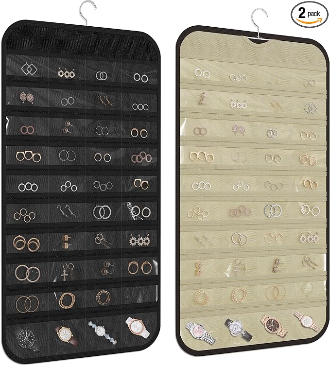 2 Pack Hanging Jewelry Organizer 80-Pocket Dual-sided Jewelry Storage for Earring Necklace Bracelet Ring Travel Holder, Black and Beige