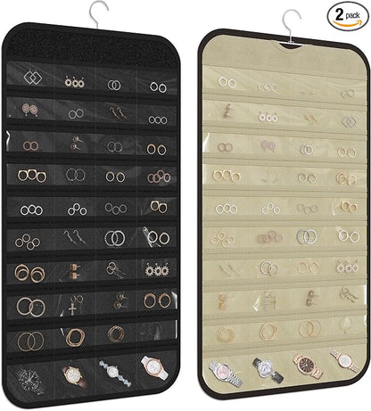 2 Pack Hanging Jewelry Organizer 80-Pocket Dual-sided Jewelry Storage for Earring Necklace Bracelet Ring Travel Holder, Black and Beige