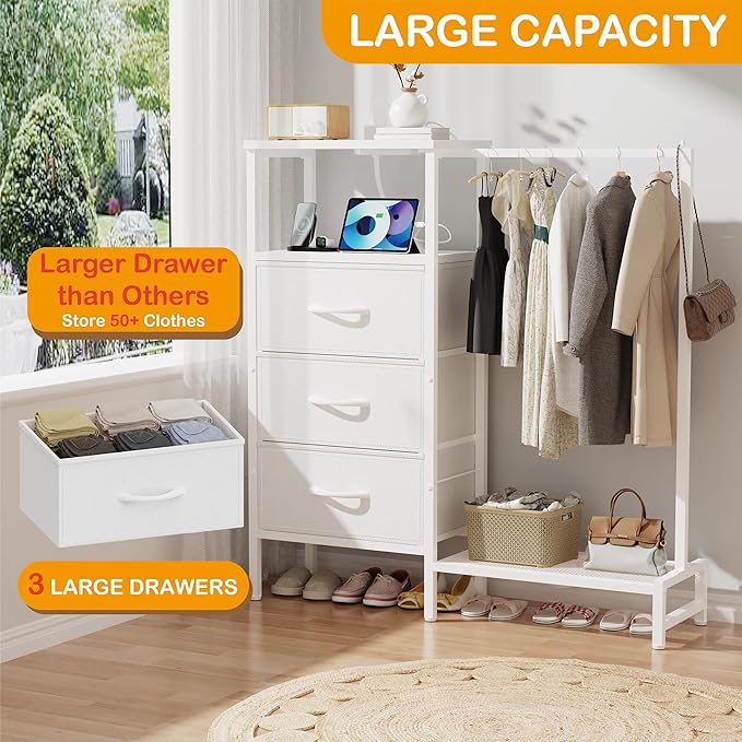 Dresser for Bedroom with Hanging Rack, 3 Drawers Closet with Charging Station, Faric Chest of Drawers with Clothes Rack, Storage Organzier for Hallway Entryway, White