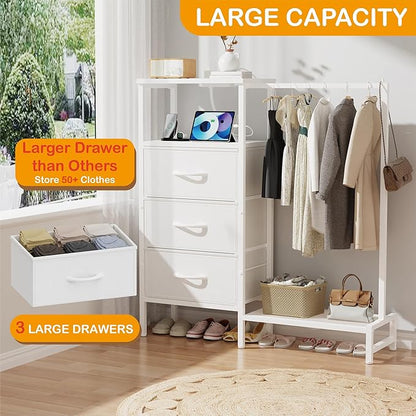 Dresser for Bedroom with Hanging Rack, 3 Drawers Closet with Charging Station, Faric Chest of Drawers with Clothes Rack, Storage Organzier for Hallway Entryway, White