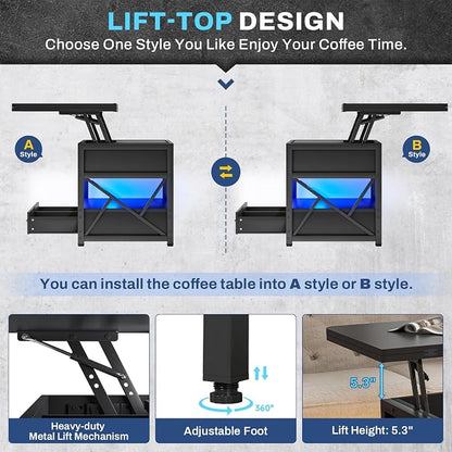 Itaar 40" Lift Top Coffee Table, 4 in 1 Coffee Tables with Storage for Living Room, Small Farmhouse Coffee Table with 2 Drawers & LED Light for Dining Reception Room, Black