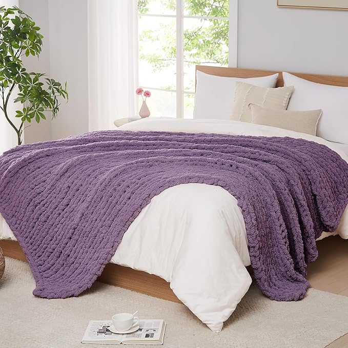 L'AGRATY Chunky Knit Blanket Throw - 60''x80'' Chenille Cable Knit Throw For Bed Couch - Handmade Thick Big Crochet Rope Blanket For Home Decor (Deep Purple)