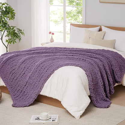 L'AGRATY Chunky Knit Blanket Throw - 60''x80'' Chenille Cable Knit Throw For Bed Couch - Handmade Thick Big Crochet Rope Blanket For Home Decor (Deep Purple)