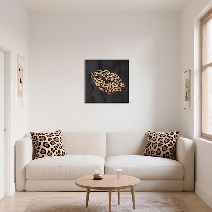 Fashion Lip Canvas Wall Art Sexy Leopard Lip Decor Cheetah Bathroom Decor Framed Artwork for Bedroom Bathroom Dressingroom 24x24Inch