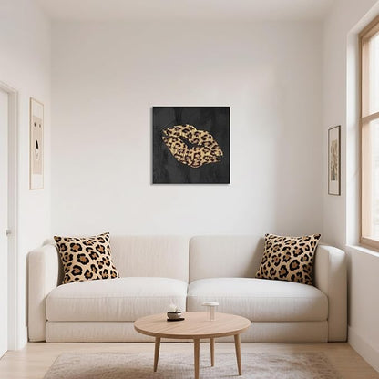 Fashion Lip Canvas Wall Art Sexy Leopard Lip Decor Cheetah Bathroom Decor Framed Artwork for Bedroom Bathroom Dressingroom 24x24Inch