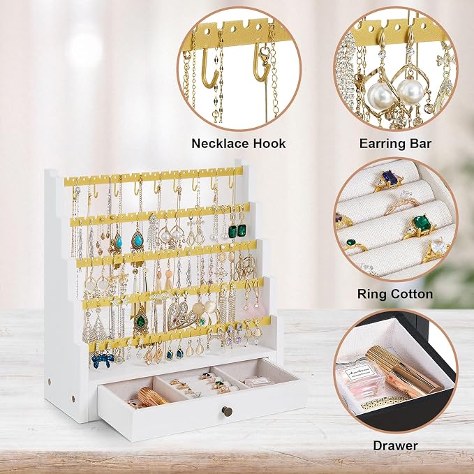 Pinzoveco Earring Organizer, 5 Layer Earring Holder Organizer with Metal Necklace Holder Pole, Rustic Wood Jewelry Organizer Stand Display for Stud Earring Bracelet Necklace Ring, 175 Earring Holes