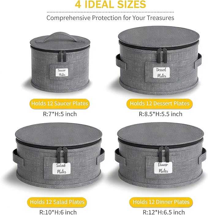 YearningHome China Storage Containers,4 Piece Set,Hard Shell Moving Boxes for Dishes,Plate,Dinnerware,Saucers Quilted Organizer Dividers for Packing Fine China Storage Containers,Grey