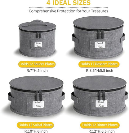 YearningHome China Storage Containers,4 Piece Set,Hard Shell Moving Boxes for Dishes,Plate,Dinnerware,Saucers Quilted Organizer Dividers for Packing Fine China Storage Containers,Grey