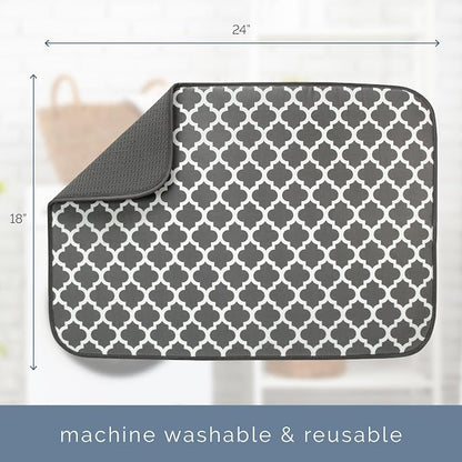 S&T INC. Dish Drying Mat XL, 18” x 24”, Absorbent Microfiber Kitchen Counter Mat, Dish Drying Pad for Dishes, Utensils, Pots and Pans, Extra Large, Pewter Grey Trellis