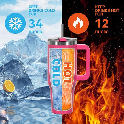 30 oz Tumbler with Handle,Tumbler with Lid and Straw,Double Wall Insulated Cup Stainless Steel Travel Mug(Cold for 34 Hours),Water Bottle for Iced Tea,Coffee,Cold Beverages(Gloss Pink)