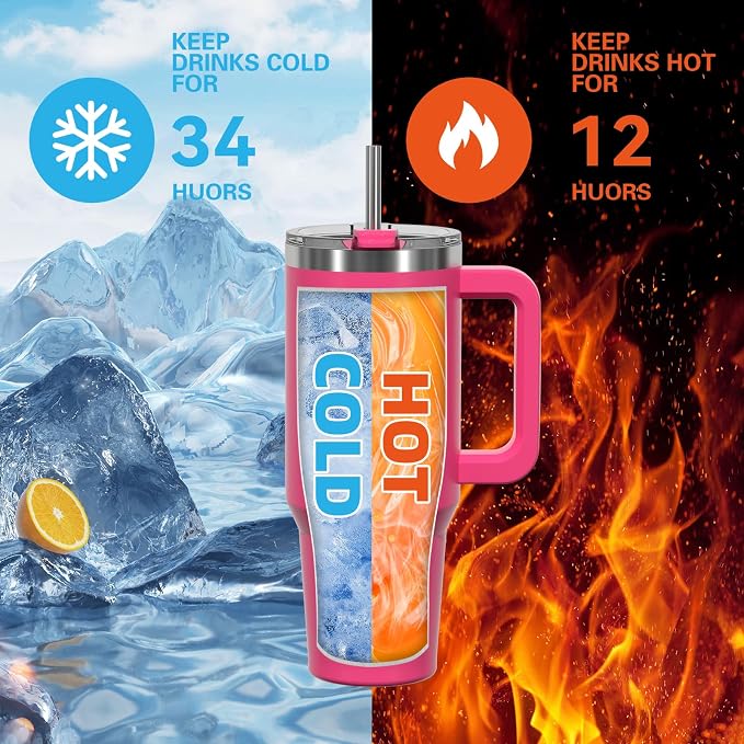 40 oz Tumbler with Handle,Tumbler with Lid and Straw,Double Wall Insulated Cup Stainless Steel Travel Mug(Cold for 34 Hours),Water Bottle for Iced Tea,Coffee,Cold Beverages(Gloss Pink)