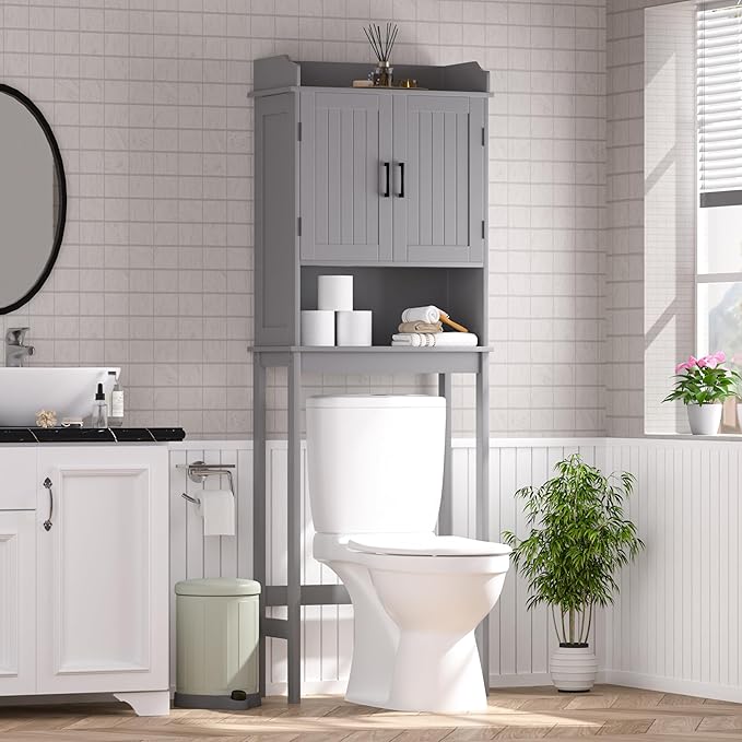 VEIKOU Over The Toilet Rack for Bathroom, Freestanding Over The Toilet Storage, Bathroom Cabinet Over Toilet w/Adjustable Shelf & Storage Rack, Grey