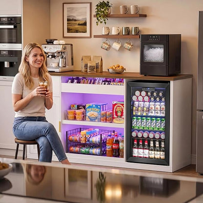 GDLF Snack Bar Cabinet with Fridge Space, 70.1" Snack Organizer with Storage and Candy Display Shelf, Coffee Station for Home Theater or Game Room with LED Lights, White