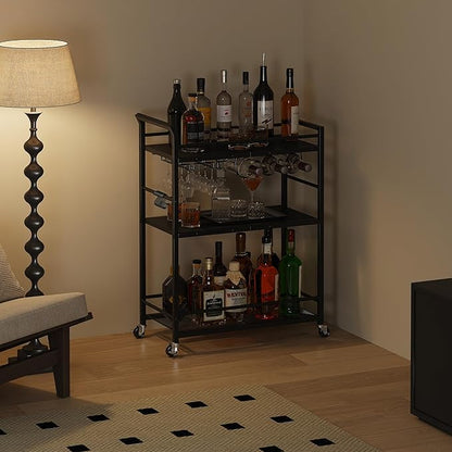 3 Tier Bar Cart, Small Beverage Cart, Mini Bar Cart with Wine Rack, Home Bar Serving Cart with Wheels for Kitchen Dining Living Room (Black, General)