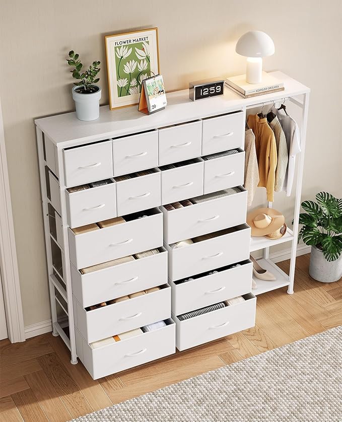 GarveeHome Dresser with 16 Drawers & Hanging Rod & Shelves, Fabric Storage Organizer for Bedroom, Closet, or Entryway