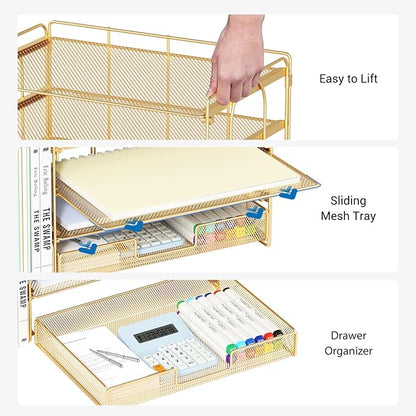 OPNICE Desk Organizer, 4-Tier Desktop File Organizer with Drawer and 2 Pen Holders, Office Desk Accessories, File Sorters, Workspace Organizers for Office Supplies(Gold)